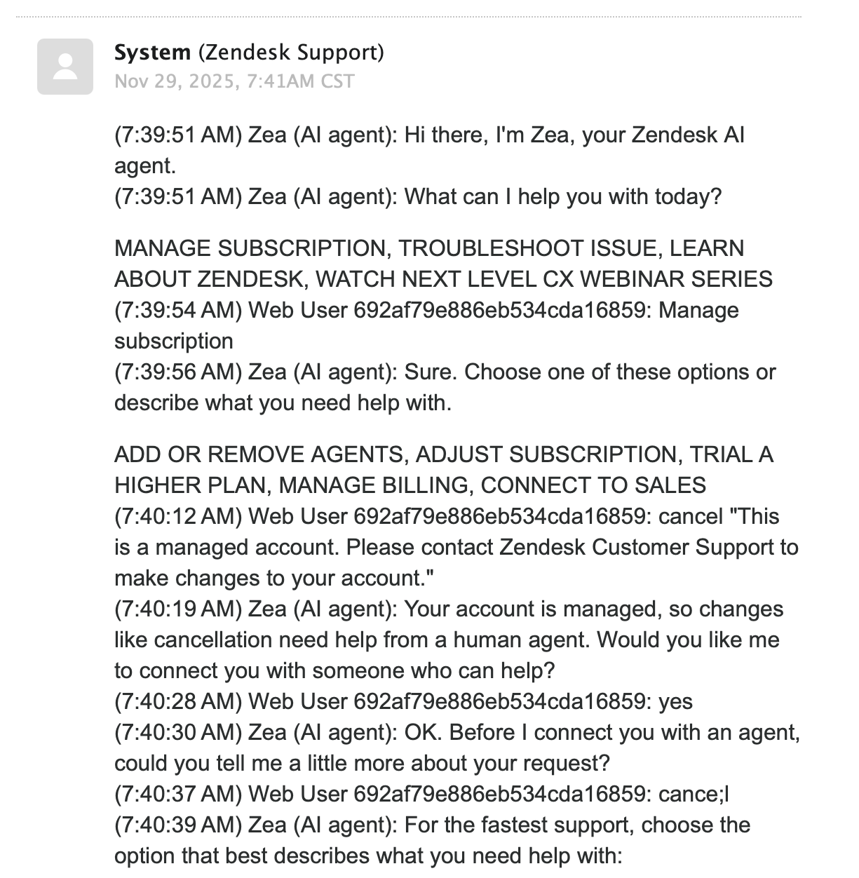 Zea AI Chat - The AI agent cheerfully offers to help me WATCH NEXT LEVEL CX WEBINAR SERIES while I'm trying to escape