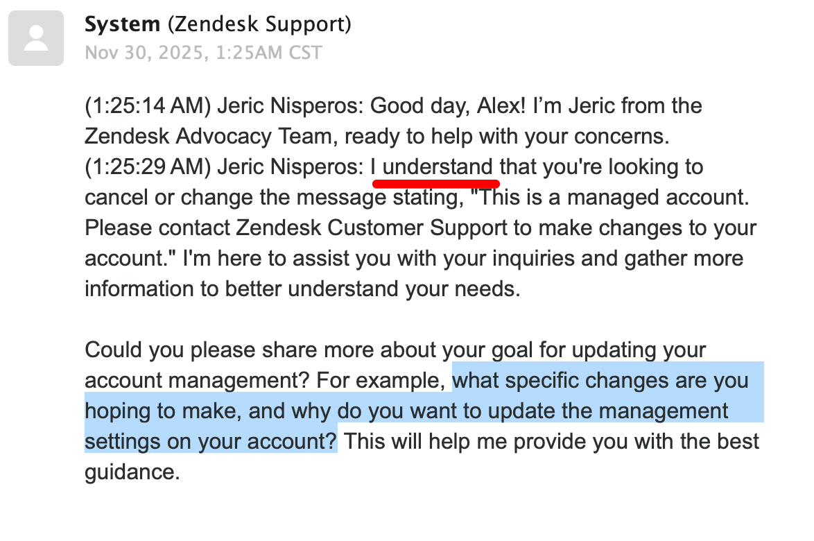 Jeric's response - He thinks I want to "cancel or change the message" about it being a managed account