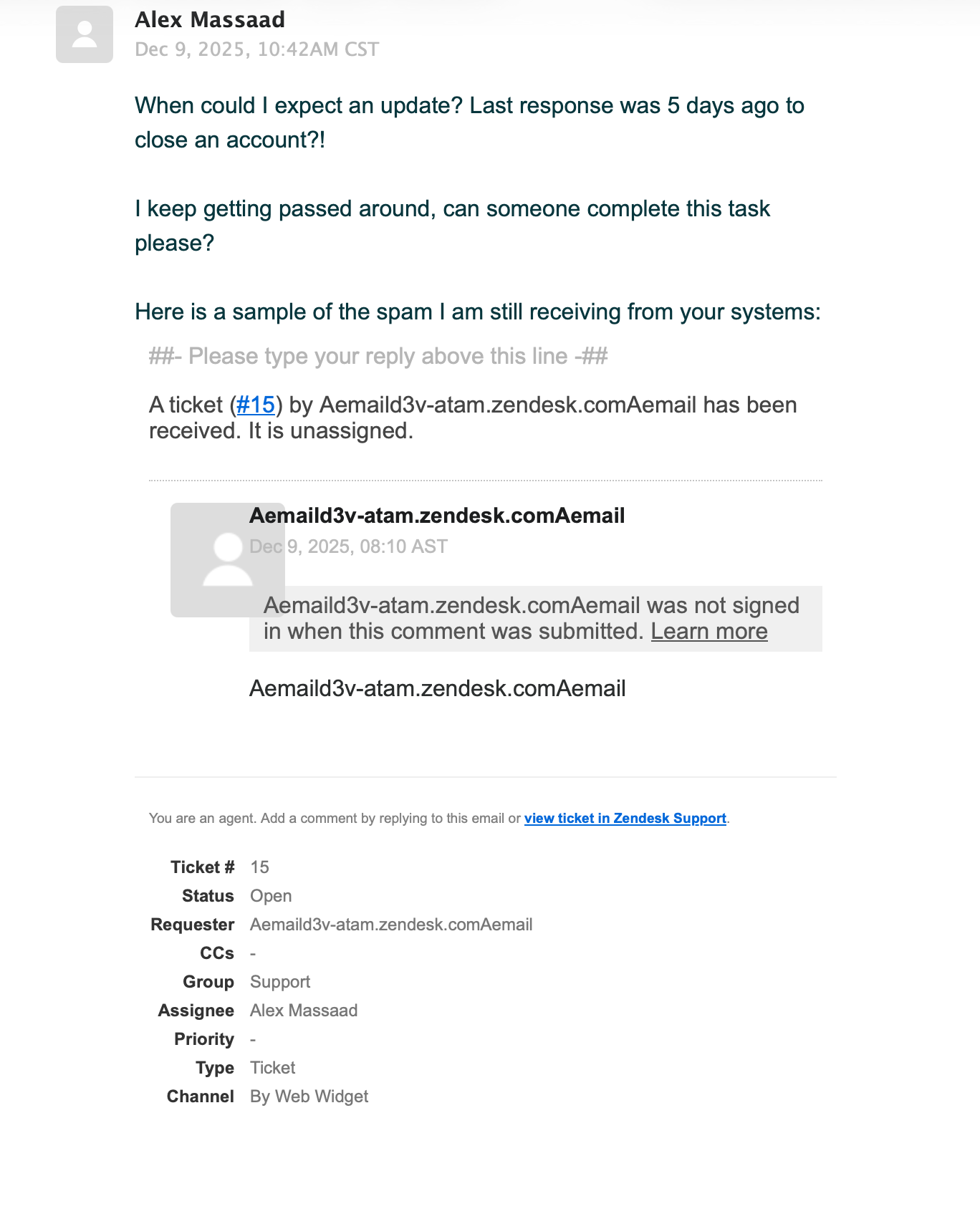 My frustrated message showing the spam I'm receiving while trying to cancel